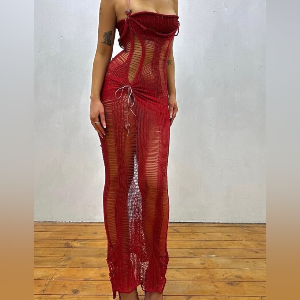 ELLA MIA RED LADDER MAXI DRESS W/ ADJUSTABLE STRAPS & SIDE TIES